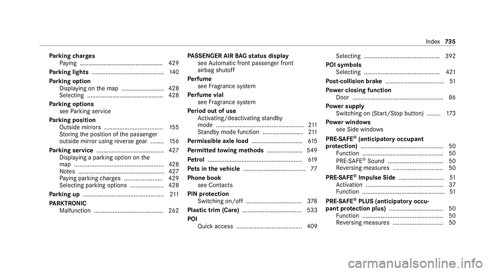 MERCEDES-BENZ GLE COUPE 2020 Owners Manual Pa
rking charges
Pa ying ................................................ .429
Pa rking lights .......................................... .140
Pa rking option
Displaying on the map ................... MERCEDES-BENZ GLE COUPE 2020 Owners Manual Pa
rking charges
Pa ying ................................................ .429
Pa rking lights .......................................... .140
Pa rking option
Displaying on the map ...................