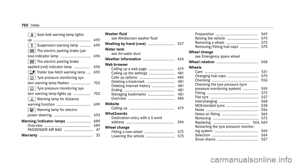 MERCEDES-BENZ GLE COUPE 2020  Owners Manual 0076
Seat belt warning lamp lights
up ........................................................ 692
ä Suspension warning lamp .......... 699
0024 The elect ric pa rking brake (yel‐
low) indicator la