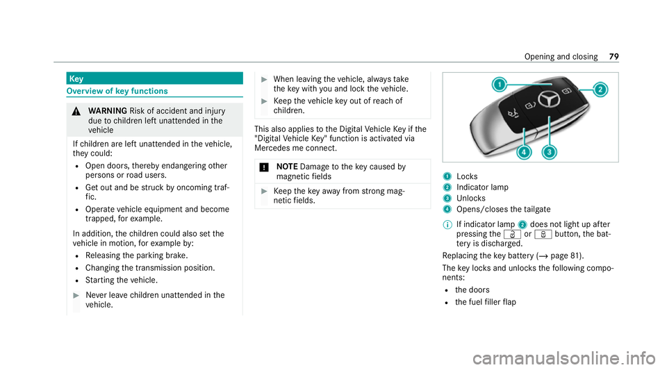 MERCEDES-BENZ GLE COUPE 2020 Manual Online Key
Overview of
key functions &
WARNING Risk of accident and inju ry
due tochildren left unat tended in the
ve hicle
If ch ildren are left unat tended in theve hicle,
th ey could:
R Open doo rs,th ere MERCEDES-BENZ GLE COUPE 2020 Manual Online Key
Overview of
key functions &
WARNING Risk of accident and inju ry
due tochildren left unat tended in the
ve hicle
If ch ildren are left unat tended in theve hicle,
th ey could:
R Open doo rs,th ere