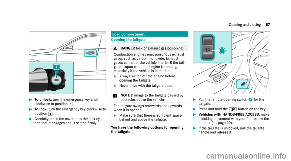 MERCEDES-BENZ GLE COUPE 2020 Manual Online #
Tounlo ck:turn the emer gency key anti-
clo ckwise toposition 0047. #
Tolock: turnthe emer gency key clo ckwise to
position 0047. #
Carefully press the co ver onto the lock cylin‐
der until it eng MERCEDES-BENZ GLE COUPE 2020 Manual Online #
Tounlo ck:turn the emer gency key anti-
clo ckwise toposition 0047. #
Tolock: turnthe emer gency key clo ckwise to
position 0047. #
Carefully press the co ver onto the lock cylin‐
der until it eng