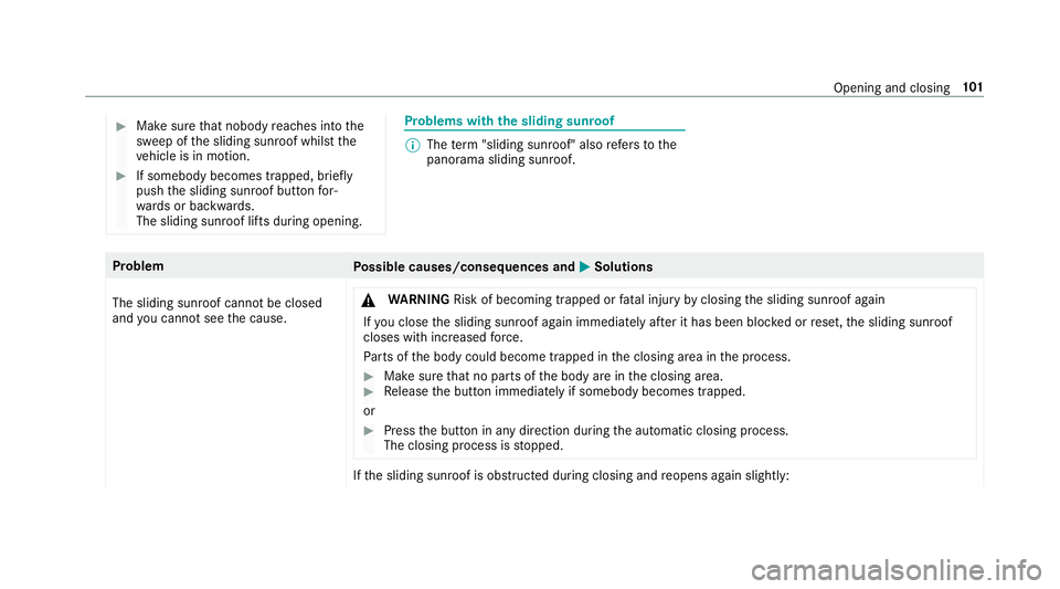 MERCEDES-BENZ GLE COUPE 2019  Owners Manual #
Make sure that nobody reaches into the
sweep of the sliding sunroof whilst the
ve hicle is in motion. #
If somebody becomes trapped, briefly
push the sliding sunroof button for‐
wa rds or backward