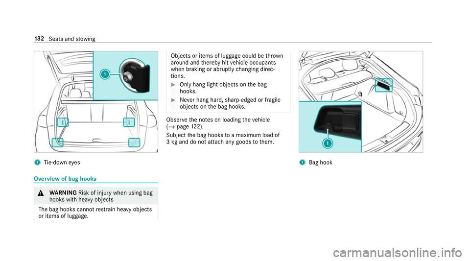 MERCEDES-BENZ GLE COUPE 2019 Owners Manual 1
Tie-down eyes Overview of bag hooks
&
WARNING Risk of inju rywhen using bag
hooks with heavy objects
The bag hooks cannot restra in heavy objects
or items of luggage. Objects or items of luggage cou MERCEDES-BENZ GLE COUPE 2019 Owners Manual 1
Tie-down eyes Overview of bag hooks
&
WARNING Risk of inju rywhen using bag
hooks with heavy objects
The bag hooks cannot restra in heavy objects
or items of luggage. Objects or items of luggage cou