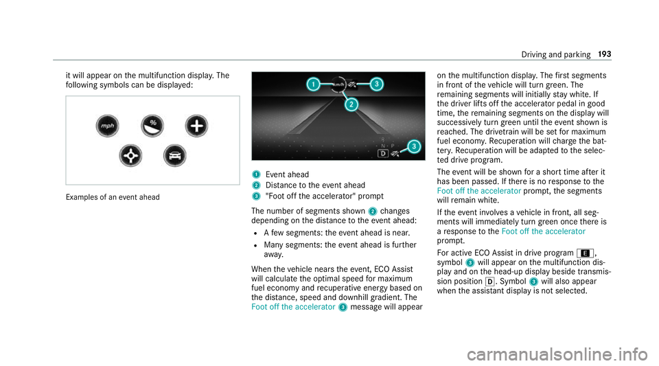 MERCEDES-BENZ GLE COUPE 2019 Owners Manual it will appear on
the multifunction displa y.The
fo llowing symbols can be displa yed: Examples of an
event ahead 1
Event ahead
2 Distance totheeve nt ahead
3 "Foot off the accelerator" prom p MERCEDES-BENZ GLE COUPE 2019 Owners Manual it will appear on
the multifunction displa y.The
fo llowing symbols can be displa yed: Examples of an
event ahead 1
Event ahead
2 Distance totheeve nt ahead
3 "Foot off the accelerator" prom p