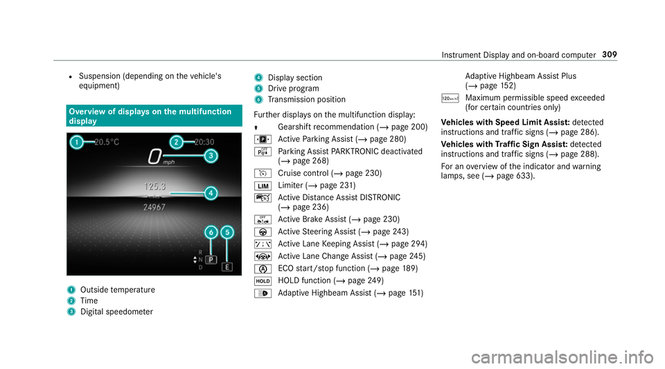 MERCEDES-BENZ GLE COUPE 2019 Owners Manual R
Suspension (depending on theve hicle's
equipment) Overview of displa
yson the multifunction
display 1
Outside temp erature
2 Time
3 Digital speedome ter 4
Displ aysection
5 Drive program
6 Trans MERCEDES-BENZ GLE COUPE 2019 Owners Manual R
Suspension (depending on theve hicle's
equipment) Overview of displa
yson the multifunction
display 1
Outside temp erature
2 Time
3 Digital speedome ter 4
Displ aysection
5 Drive program
6 Trans