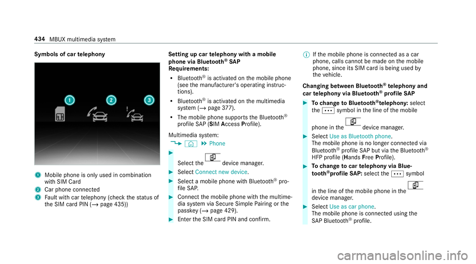 MERCEDES-BENZ GLE COUPE 2019 Owners Manual Symbols of car
telephony 1
Mobile phone is only used in combination
with SIM Card
2 Car phone connec ted
3 Fault with car telephony (check thest atus of
th e SIM card PIN (/ page 435)) Setting up car
MERCEDES-BENZ GLE COUPE 2019 Owners Manual Symbols of car
telephony 1
Mobile phone is only used in combination
with SIM Card
2 Car phone connec ted
3 Fault with car telephony (check thest atus of
th e SIM card PIN (/ page 435)) Setting up car