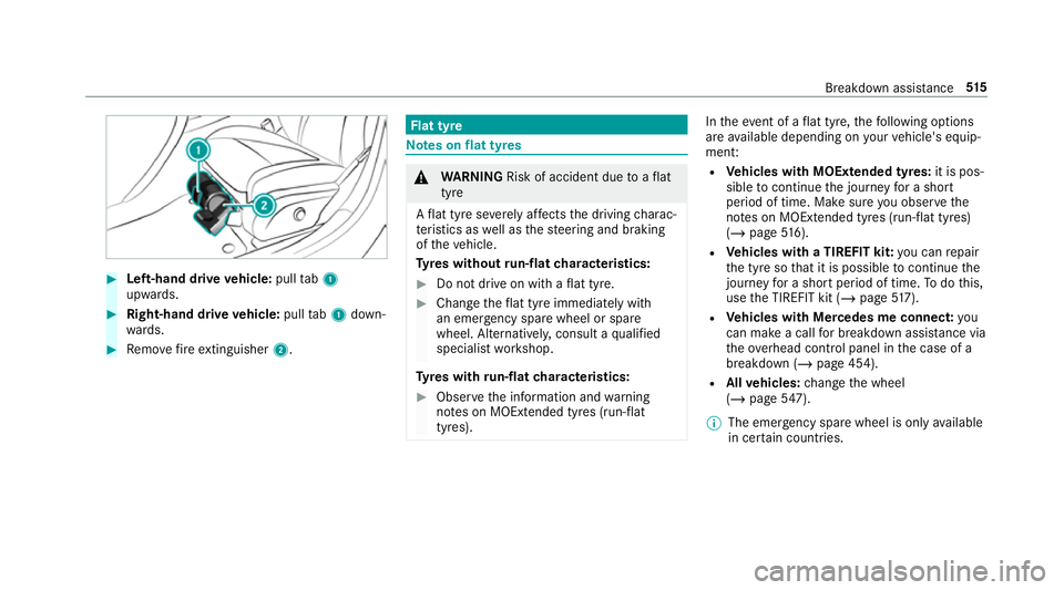 MERCEDES-BENZ GLE COUPE 2019  Owners Manual #
Left-hand drive vehicle: pulltab1
upwards. #
Right-hand drive vehicle: pulltab1 down‐
wa rds. #
Remo vefire extinguisher 2. Flat tyre
Note
s onflat tyres &
WARNING Risk of accident due toaflat
tyr