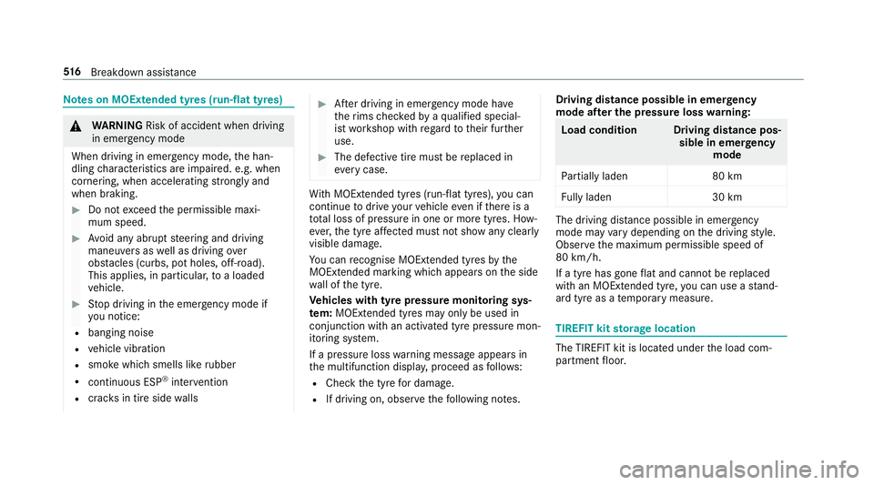 MERCEDES-BENZ GLE COUPE 2019 Owners Manual Note
s on MOExtended tyres (run-flat tyres) &
WARNING Risk of accident when driving
in eme rgency mode
When driving in emer gency mode, the han‐
dling characteristics are impaired. e.g. when
corneri MERCEDES-BENZ GLE COUPE 2019 Owners Manual Note
s on MOExtended tyres (run-flat tyres) &
WARNING Risk of accident when driving
in eme rgency mode
When driving in emer gency mode, the han‐
dling characteristics are impaired. e.g. when
corneri