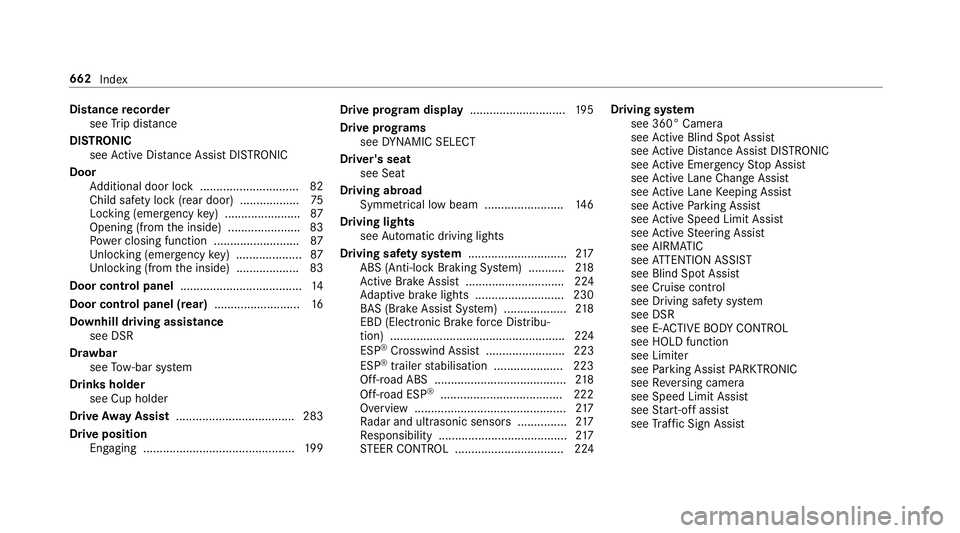 MERCEDES-BENZ GLE COUPE 2019 Owners Manual Distance
recorder
see Trip dis tance
DI STRO NIC
see Active Dis tance Assi stDISTRONIC
Door Additional door lock .............................. 82
Child saf ety lock (rear door) .................. 75
MERCEDES-BENZ GLE COUPE 2019 Owners Manual Distance
recorder
see Trip dis tance
DI STRO NIC
see Active Dis tance Assi stDISTRONIC
Door Additional door lock .............................. 82
Child saf ety lock (rear door) .................. 75