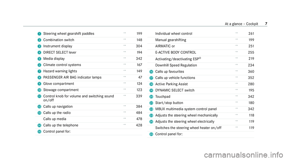 MERCEDES-BENZ GLE COUPE 2019  Owners Manual 1
Steering wheel gearshift paddles →
19 9
2 Combination swit ch →
14 8
3 Instrument display →
304
4 DIRECT SELECT le ver →
194
5 Media display →
342
6 Climate contro l systems →
167
7 Haza