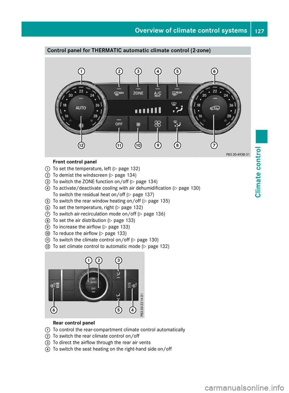 MERCEDES-BENZ GLE COUPE 2015  Owners Manual Control panel for THERMATIC automatic climate control (2-zone)
Front control panel
: To set the temperature, left (Y page 132)
; To demist the windscreen (Y page 134)
= To switch the ZONE function on/