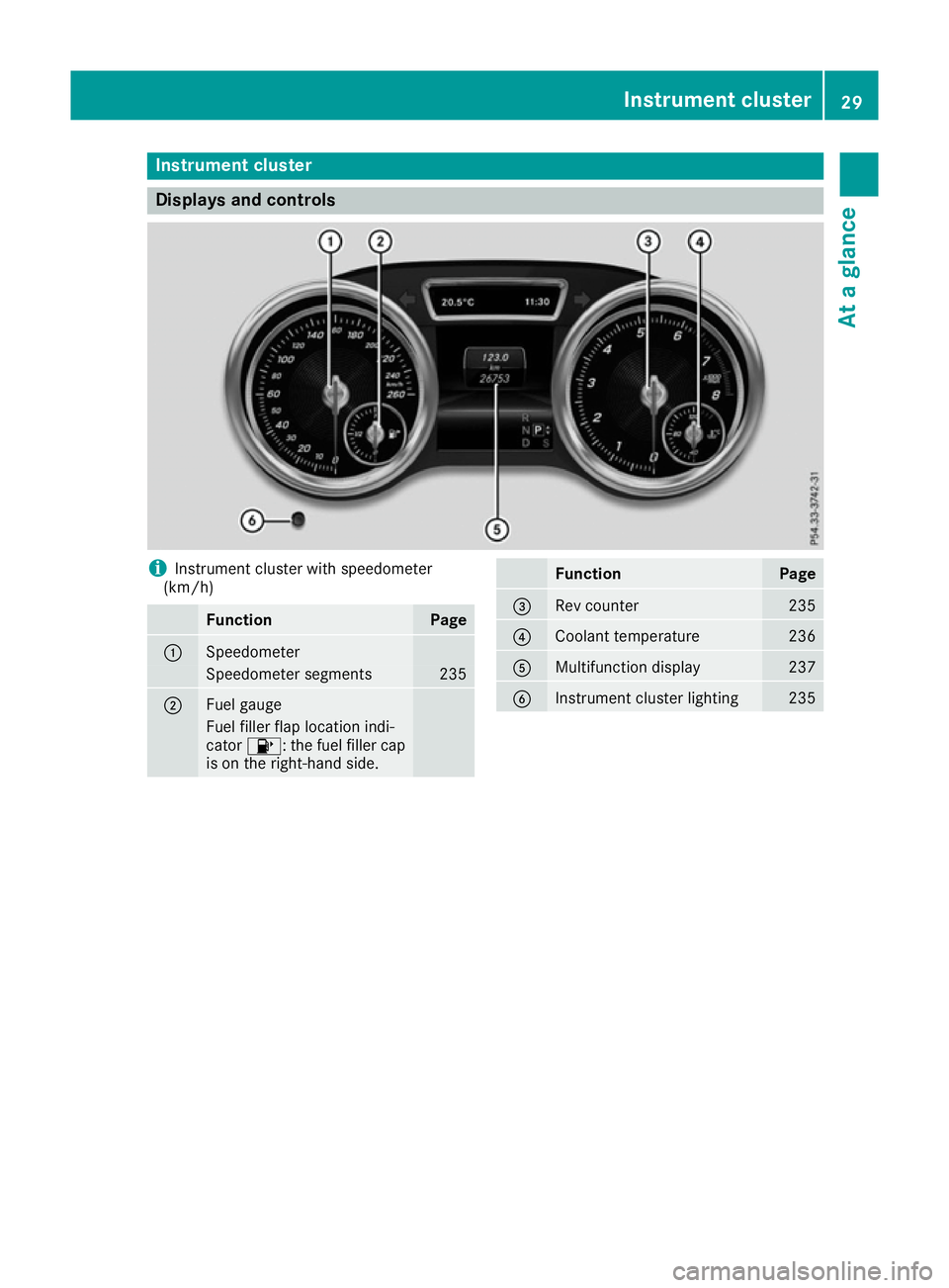 MERCEDES-BENZ GLE COUPE 2015 Owners Guide Instrument cluster
Displays and controls
i
Instrument cluster with speedometer
(km/h) Function Page
:
Speedometer
Speedometer segments 235
;
Fuel gauge
Fuel filler flap location indi-
cator 8: the fue