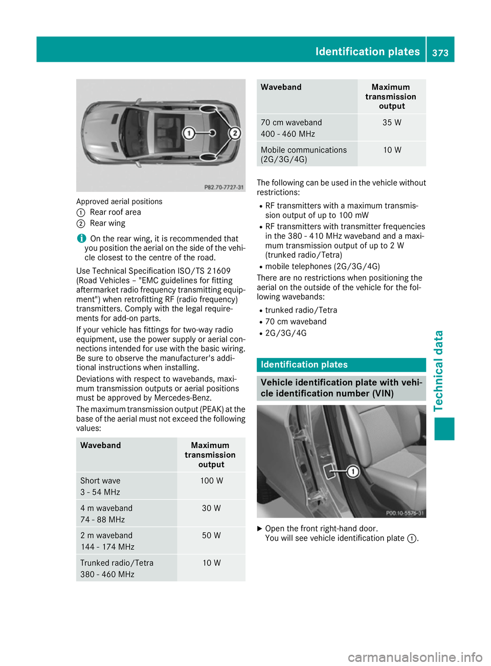 MERCEDES-BENZ GLE COUPE 2015 Owners Manual Approved aerial positions
:
Rear roof area
; Rear wing
i On the rear wing, it is recommended that
you position the aerial on the side of the vehi-
cle closest to the centre of the road.
Use Technical MERCEDES-BENZ GLE COUPE 2015 Owners Manual Approved aerial positions
:
Rear roof area
; Rear wing
i On the rear wing, it is recommended that
you position the aerial on the side of the vehi-
cle closest to the centre of the road.
Use Technical