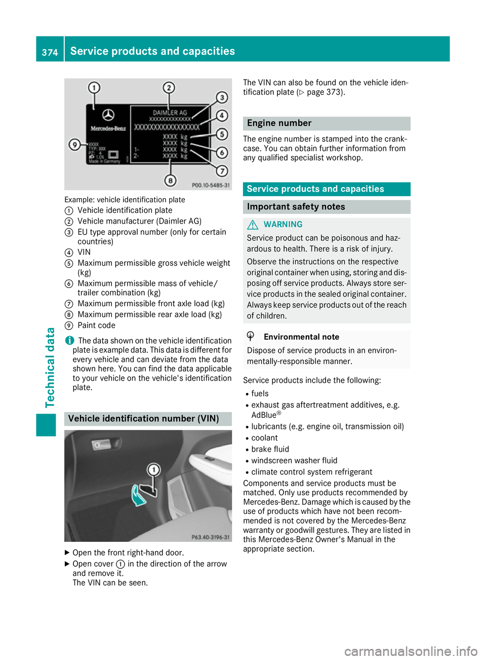MERCEDES-BENZ GLE COUPE 2015 Owners Manual Example: vehicle identification plate
:
Vehicle identification plate
; Vehicle manufacturer (Daimler AG)
= EU type approval number (only for certain
countries)
? VIN
A Maximum permissible gross vehicl MERCEDES-BENZ GLE COUPE 2015 Owners Manual Example: vehicle identification plate
:
Vehicle identification plate
; Vehicle manufacturer (Daimler AG)
= EU type approval number (only for certain
countries)
? VIN
A Maximum permissible gross vehicl