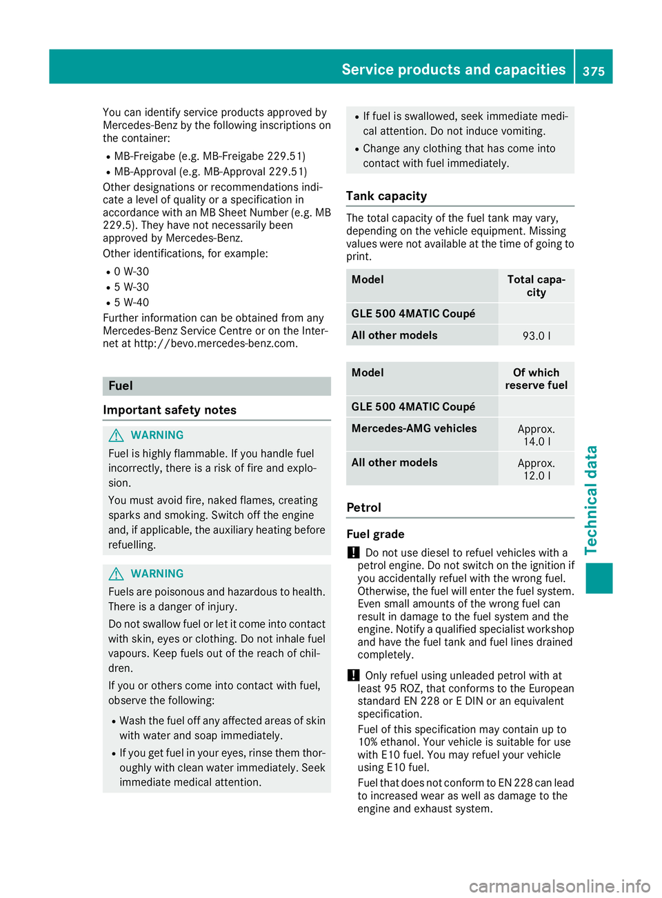 MERCEDES-BENZ GLE COUPE 2015 Owners Manual You can identify service products approved by
Mercedes-Benz by the following inscriptions on
the container:
R MB-Freigabe (e.g. MB-Freigabe 229.51)
R MB-Approval (e.g. MB-Approval 229.51)
Other design MERCEDES-BENZ GLE COUPE 2015 Owners Manual You can identify service products approved by
Mercedes-Benz by the following inscriptions on
the container:
R MB-Freigabe (e.g. MB-Freigabe 229.51)
R MB-Approval (e.g. MB-Approval 229.51)
Other design