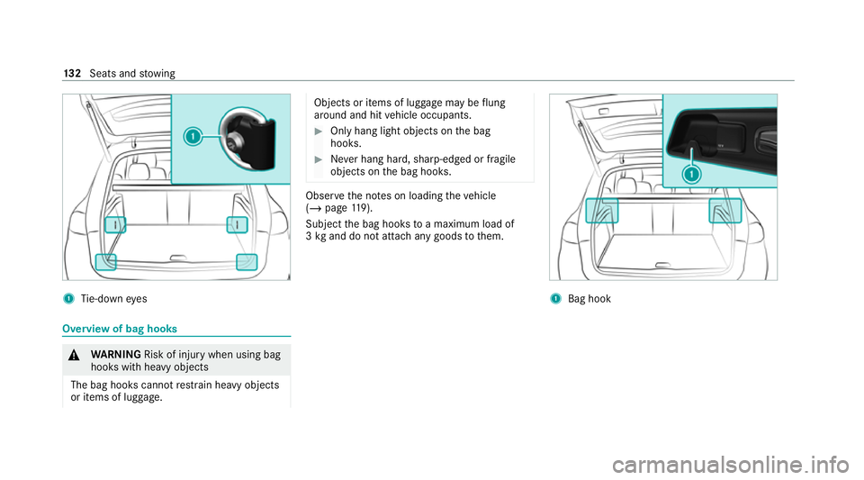 MERCEDES-BENZ GLE SUV 2021 Owners Manual 1
Tie-down eyes Overview of bag hooks
&
WARNING Risk of injury when using bag
hooks with heavy objects
The bag hooks cannot restra in heavy objects
or items of luggage. Objects or items of luggage may MERCEDES-BENZ GLE SUV 2021 Owners Manual 1
Tie-down eyes Overview of bag hooks
&
WARNING Risk of injury when using bag
hooks with heavy objects
The bag hooks cannot restra in heavy objects
or items of luggage. Objects or items of luggage may