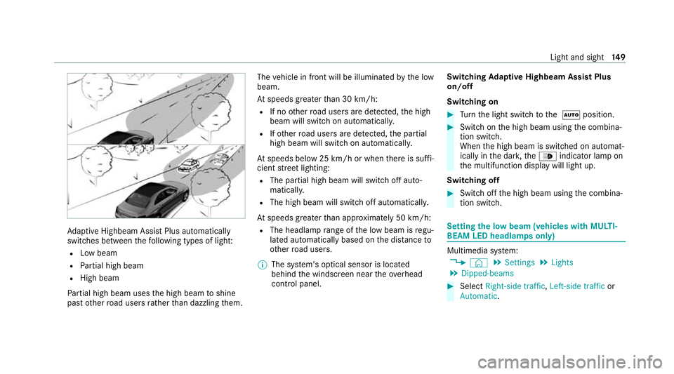MERCEDES-BENZ GLE SUV 2021 Owners Manual Ad
aptive Highbeam Assist Plus automatically
swit ches between thefo llowing types of light:
R Low beam
R Partial high beam
R High beam
Pa rtial high beam uses the high beam toshine
past other road us MERCEDES-BENZ GLE SUV 2021 Owners Manual Ad
aptive Highbeam Assist Plus automatically
swit ches between thefo llowing types of light:
R Low beam
R Partial high beam
R High beam
Pa rtial high beam uses the high beam toshine
past other road us