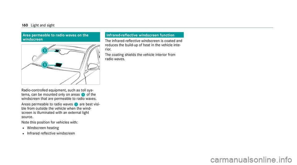 MERCEDES-BENZ GLE SUV 2021 Owners Manual Area permeable
to radiowav es on the
windscreen Ra
dio-contro lled equipment, such as toll sys‐
te ms, can be mounted only on areas 1ofthe
windscreen that are permeable toradio wav es.
Areas permeab MERCEDES-BENZ GLE SUV 2021 Owners Manual Area permeable
to radiowav es on the
windscreen Ra
dio-contro lled equipment, such as toll sys‐
te ms, can be mounted only on areas 1ofthe
windscreen that are permeable toradio wav es.
Areas permeab