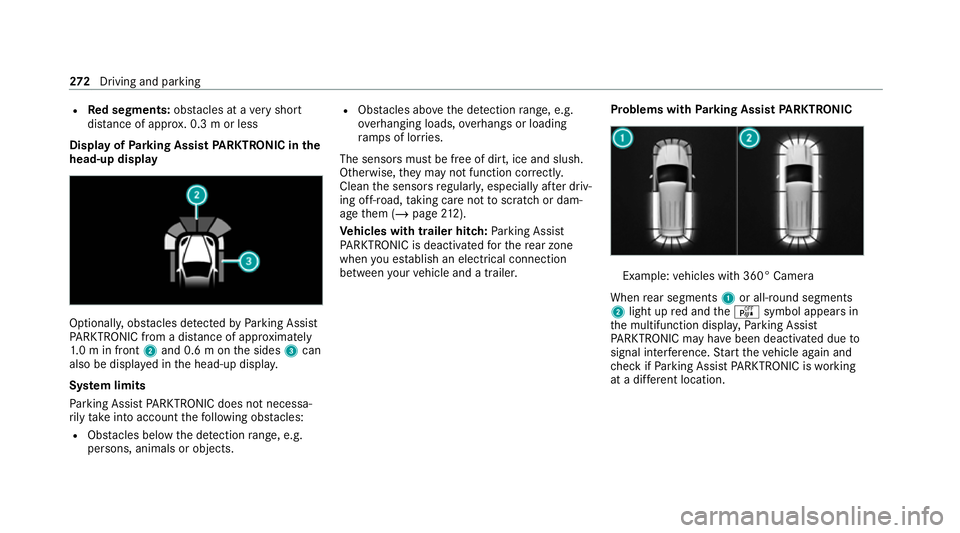 MERCEDES-BENZ GLE SUV 2021 Owners Manual R
Red segments: obstacles at a very short
dis tance of appr ox. 0.3 m or less
Dis play of Parking Assist PARKTRONIC in the
head-up displ ayOptionally, obs
tacles de tected byParking Assist
PA RKTRONIC MERCEDES-BENZ GLE SUV 2021 Owners Manual R
Red segments: obstacles at a very short
dis tance of appr ox. 0.3 m or less
Dis play of Parking Assist PARKTRONIC in the
head-up displ ayOptionally, obs
tacles de tected byParking Assist
PA RKTRONIC