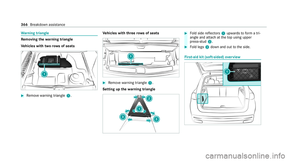 MERCEDES-BENZ GLE SUV 2021  Owners Manual Wa
rning triangle Re
moving the warning triangle
Ve hicles with two rows of seats #
Remo ve wa rning triangle 1. Ve
hicles with threero ws of seats #
Remo ve wa rning triangle 1.
Setting up thewa rnin