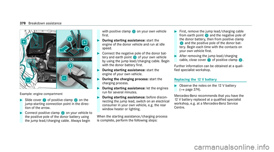 MERCEDES-BENZ GLE SUV 2021 Owners Manual Example: engine compartment
#
Slide co ver1 of positive clamp 2onthe
jump-s tarting connection point in the direc‐
tion of the ar row. #
Connect positive clamp 2onyour vehicle to
th e positive pole MERCEDES-BENZ GLE SUV 2021 Owners Manual Example: engine compartment
#
Slide co ver1 of positive clamp 2onthe
jump-s tarting connection point in the direc‐
tion of the ar row. #
Connect positive clamp 2onyour vehicle to
th e positive pole