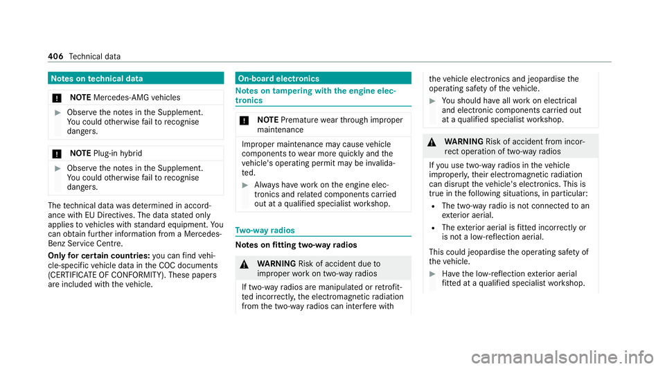 MERCEDES-BENZ GLE SUV 2021  Owners Manual Note
s ontech nical data
* NO
TEMercedes-AMG vehicles #
Obser vethe no tes in the Supplement.
Yo u could otherwise failto recognise
dangers. *
NO
TEPlug-in hybrid #
Obser vethe no tes in the Supplemen