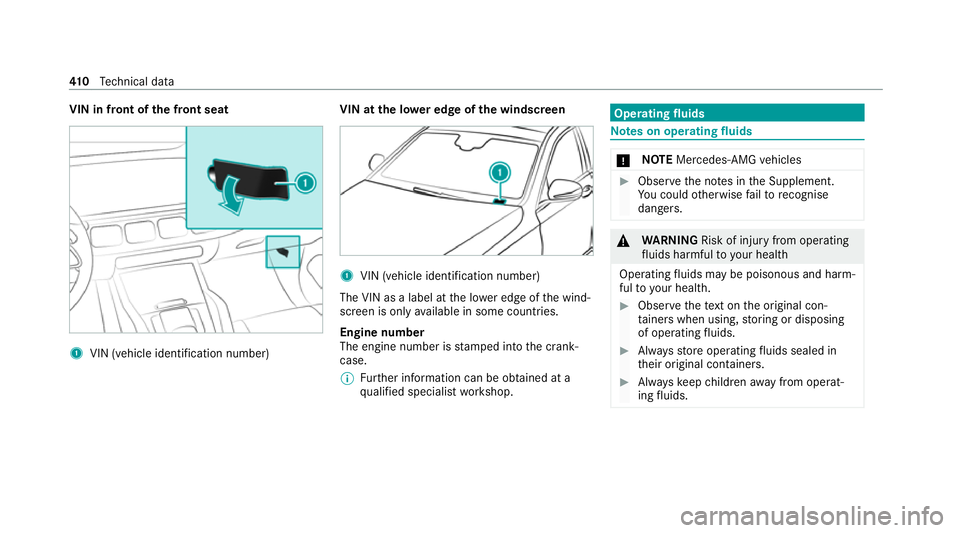 MERCEDES-BENZ GLE SUV 2021 Owners Manual VIN in front of the front seat
1
VIN (vehicle identification number) VIN at the lo
wer edge of the windscreen 1
VIN (vehicle identi fication number)
The VIN as a label at the lo wer edge of the wind MERCEDES-BENZ GLE SUV 2021 Owners Manual VIN in front of the front seat
1
VIN (vehicle identification number) VIN at the lo
wer edge of the windscreen 1
VIN (vehicle identi fication number)
The VIN as a label at the lo wer edge of the wind