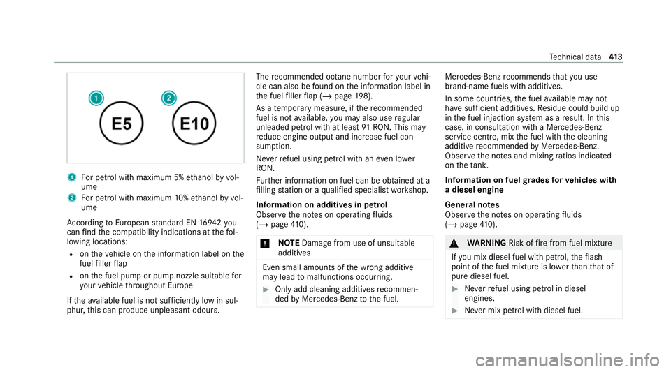 MERCEDES-BENZ GLE SUV 2021 Owners Manual 1
For petrol with maximum 5% ethanol byvol‐
ume
2 For petrol with maximum 10%ethanol by vol‐
ume
Ac cording toEuropean standard EN 1694 2you
can find the compatibility indications at thefo l‐
lo MERCEDES-BENZ GLE SUV 2021 Owners Manual 1
For petrol with maximum 5% ethanol byvol‐
ume
2 For petrol with maximum 10%ethanol by vol‐
ume
Ac cording toEuropean standard EN 1694 2you
can find the compatibility indications at thefo l‐
lo