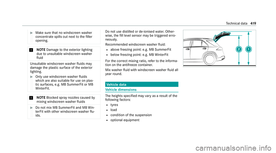 MERCEDES-BENZ GLE SUV 2021 Owners Manual #
Make sure that no windscre enwasher
concentrate spills out next tothefiller
opening. *
NO
TEDama getotheex terior lighting
due tounsuitable windsc reen washer
fl uid Uns
uitable windsc reen washer f MERCEDES-BENZ GLE SUV 2021 Owners Manual #
Make sure that no windscre enwasher
concentrate spills out next tothefiller
opening. *
NO
TEDama getotheex terior lighting
due tounsuitable windsc reen washer
fl uid Uns
uitable windsc reen washer f