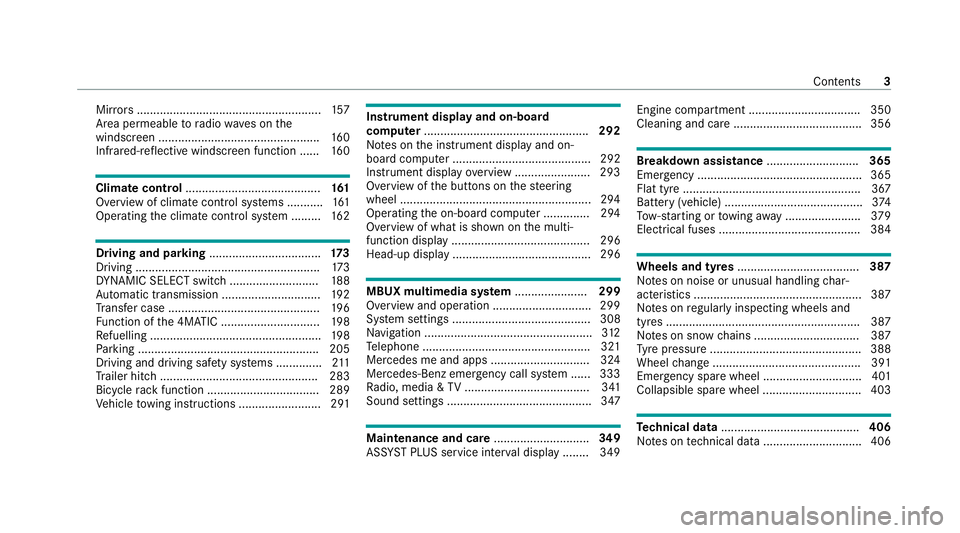 MERCEDES-BENZ GLE SUV 2021  Owners Manual Mir
rors ........................................................ 157
Area pe rmeable toradio wav es on the
windscreen ................................................ .160
Infrared-reflective windscr