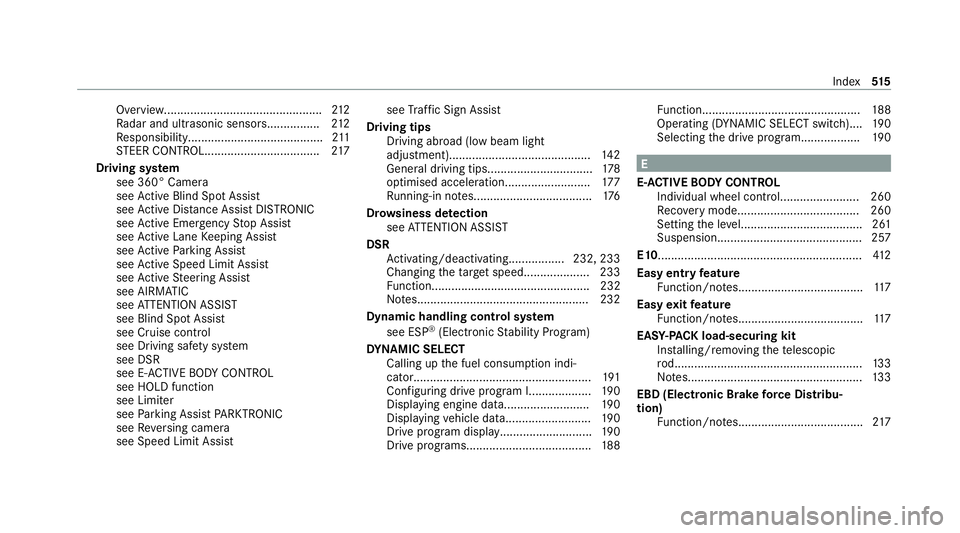 MERCEDES-BENZ GLE SUV 2021 Owners Manual Overview................................................2
12
Ra dar and ultrasonic sensor s................212
Re sponsibility......................................... 211
ST EER CONTROL.............. MERCEDES-BENZ GLE SUV 2021 Owners Manual Overview................................................2
12
Ra dar and ultrasonic sensor s................212
Re sponsibility......................................... 211
ST EER CONTROL..............