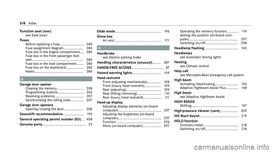 MERCEDES-BENZ GLE SUV 2021 Owners Manual Fu
nction seat (rear)
see Seat (rear)
Fu ses
Before replacing a fuse.......................... 384
Fu se assignment diagram..................... 384
Fu se box in the engine compartmen t.... 385
Fu se MERCEDES-BENZ GLE SUV 2021 Owners Manual Fu
nction seat (rear)
see Seat (rear)
Fu ses
Before replacing a fuse.......................... 384
Fu se assignment diagram..................... 384
Fu se box in the engine compartmen t.... 385
Fu se