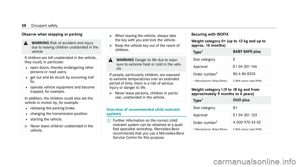 MERCEDES-BENZ GLE SUV 2021 Repair Manual Obser
vewhen stopping or parking &
WARNING Risk of accident and inju ry
due toleaving children unat tended in the
ve hicle
If ch ildren are left unat tended in theve hicle,
th ey could, in part icular