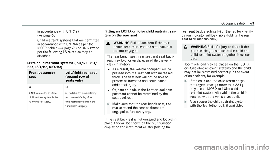 MERCEDES-BENZ GLE SUV 2021 Repair Manual in accordance with UN R129
(/
page 60).
Child restra int sy stems that are permit ted
in accordance with UN R44 as per the
ISOFIX tables (/ page61) or UN R129 as
per thefo llowing i‑Size tables may 