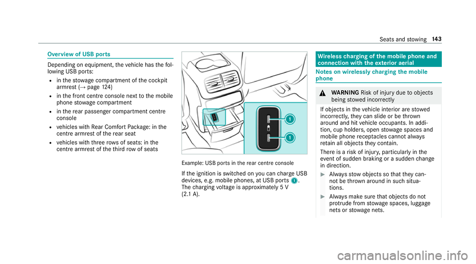 MERCEDES-BENZ GLE SUV 2019 Owners Manual Overview of USB ports
Depending on equipment,
theve hicle has thefo l‐
lowing USB ports:
R inthestow age compartment of the cockpit
armrest (→ page124)
R inthe front cent reconsole next tothe mobi MERCEDES-BENZ GLE SUV 2019 Owners Manual Overview of USB ports
Depending on equipment,
theve hicle has thefo l‐
lowing USB ports:
R inthestow age compartment of the cockpit
armrest (→ page124)
R inthe front cent reconsole next tothe mobi