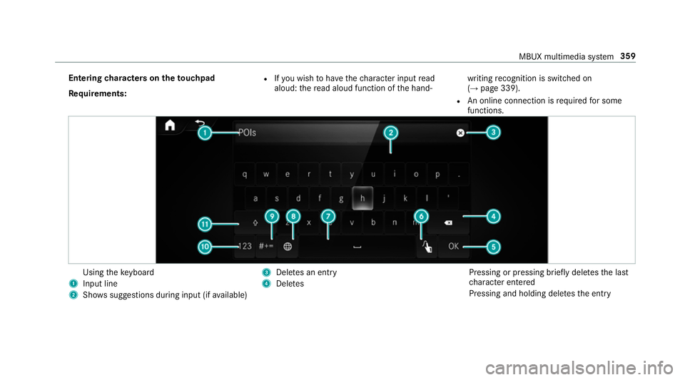 MERCEDES-BENZ GLE SUV 2019 Owners Manual Entering
characters on theto uchpad
Re quirements: R
Ifyo u wish tohave thech aracter input read
aloud: there ad aloud function of the hand‐ writing
recognition is switched on
(→ page 339).
R An o MERCEDES-BENZ GLE SUV 2019 Owners Manual Entering
characters on theto uchpad
Re quirements: R
Ifyo u wish tohave thech aracter input read
aloud: there ad aloud function of the hand‐ writing
recognition is switched on
(→ page 339).
R An o