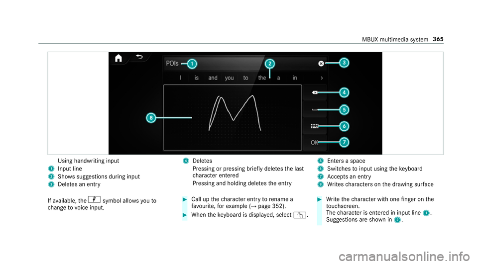 MERCEDES-BENZ GLE SUV 2019 Owners Manual Using handwriting input
1 Input line
2 Showssuggestions during input
3 Dele tes an entry 4
Dele tes
Pressing or pressing brief lydele testh e last
ch aracter entered
Pressing and holding dele testh e MERCEDES-BENZ GLE SUV 2019 Owners Manual Using handwriting input
1 Input line
2 Showssuggestions during input
3 Dele tes an entry 4
Dele tes
Pressing or pressing brief lydele testh e last
ch aracter entered
Pressing and holding dele testh e