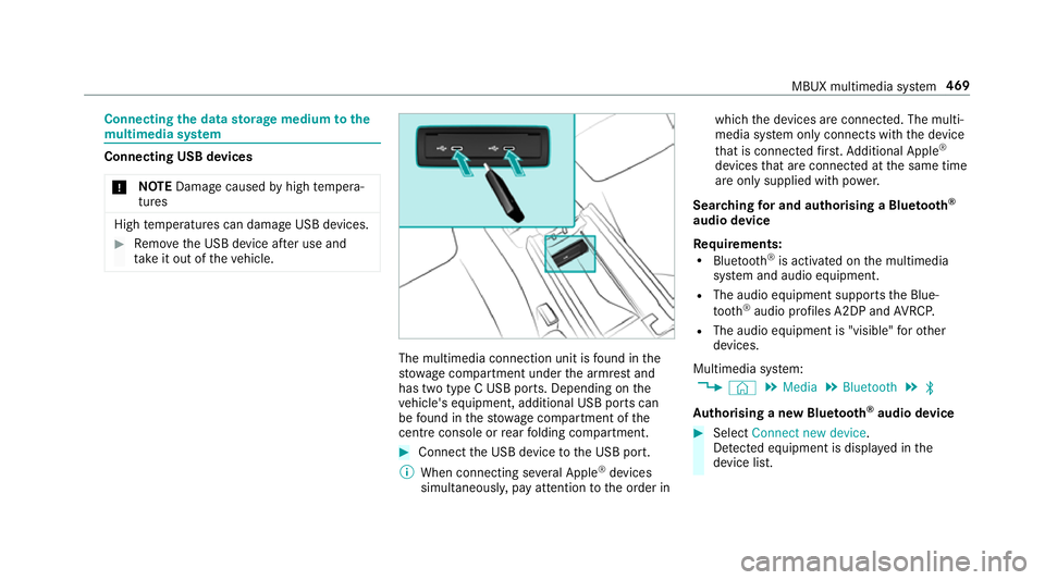 MERCEDES-BENZ GLE SUV 2019 Owners Manual Connecting
the data storage medium tothe
mu ltimedia sy stem Connecting USB devices
* NO
TEDama gecaused byhigh temp era‐
tures High
temp eratures can damage USB devices. #
Remo vethe USB device af MERCEDES-BENZ GLE SUV 2019 Owners Manual Connecting
the data storage medium tothe
mu ltimedia sy stem Connecting USB devices
* NO
TEDama gecaused byhigh temp era‐
tures High
temp eratures can damage USB devices. #
Remo vethe USB device af