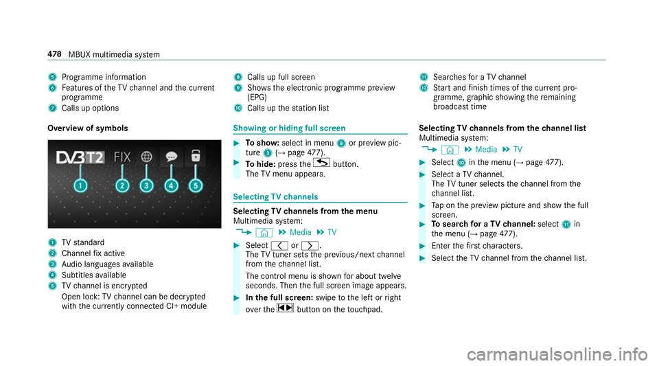 MERCEDES-BENZ GLE SUV 2019  Owners Manual 5
Programme information
6 Features of theTV channel and the cur rent
programme
7 Calls up options 8
Calls up full screen
9 Shows th e electronic prog ramme pr eview
(EPG)
A Calls up thest ation list B