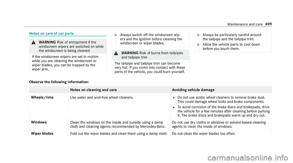 MERCEDES-BENZ GLE SUV 2019 Owners Manual Note
s on care of car parts &
WARNING Risk of entrapment if the
windscreen wipers are swit ched on while
th e windscreen is being cleaned
If th e windscreen wipers are set in motion
while you are clea MERCEDES-BENZ GLE SUV 2019 Owners Manual Note
s on care of car parts &
WARNING Risk of entrapment if the
windscreen wipers are swit ched on while
th e windscreen is being cleaned
If th e windscreen wipers are set in motion
while you are clea