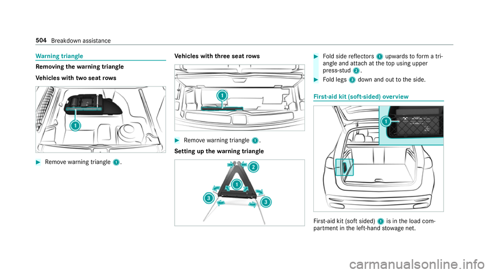 MERCEDES-BENZ GLE SUV 2019 Owners Manual Wa
rning triangle Re
moving the warning triangle
Ve hicles with two seat rows #
Remo ve wa rning triangle 1. Ve
hicles with three seat rows #
Remo ve wa rning triangle 1.
Setting up thewa rning triang MERCEDES-BENZ GLE SUV 2019 Owners Manual Wa
rning triangle Re
moving the warning triangle
Ve hicles with two seat rows #
Remo ve wa rning triangle 1. Ve
hicles with three seat rows #
Remo ve wa rning triangle 1.
Setting up thewa rning triang