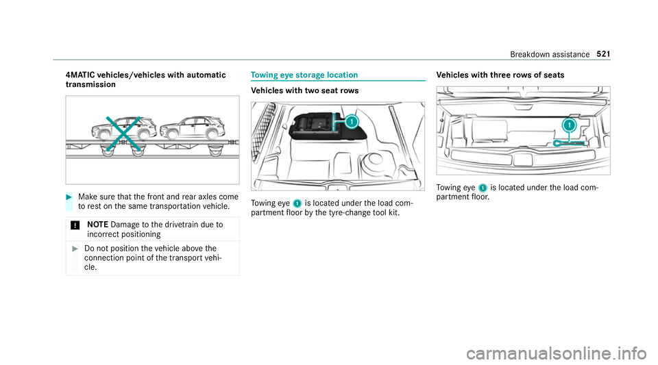 MERCEDES-BENZ GLE SUV 2019 Owners Manual 4MATIC
vehicles/ vehicles with automatic
transmission #
Make sure that the front and rear axles come
to rest on the same transpor tation vehicle.
* NO
TEDama getothe driv etra in due to
incor rect pos MERCEDES-BENZ GLE SUV 2019 Owners Manual 4MATIC
vehicles/ vehicles with automatic
transmission #
Make sure that the front and rear axles come
to rest on the same transpor tation vehicle.
* NO
TEDama getothe driv etra in due to
incor rect pos