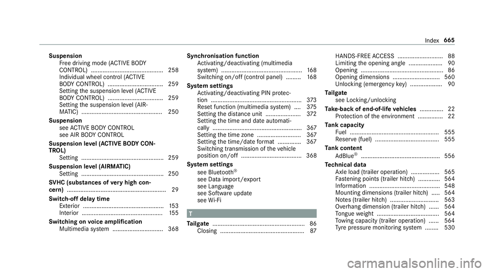 MERCEDES-BENZ GLE SUV 2019 Owners Manual Suspension
Free driving mode (ACTIVE BODY
CO NTROL) ........................................... 258
Individual wheel control (ACTIVE
BO DY CONTROL) .................................2 59
Setting the su MERCEDES-BENZ GLE SUV 2019 Owners Manual Suspension
Free driving mode (ACTIVE BODY
CO NTROL) ........................................... 258
Individual wheel control (ACTIVE
BO DY CONTROL) .................................2 59
Setting the su