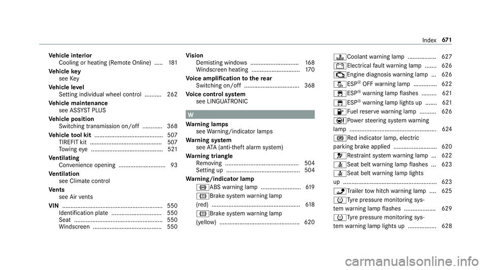 MERCEDES-BENZ GLE SUV 2019 Owners Manual Ve
hicle interior
Cooling or heating (Remo teOnline) ..... 181
Ve hicle key
see Key
Ve hicle le vel
Setting individual wheel control .......... 262
Ve hicle maintenance
see ASS YST PLUS
Ve hicle posit MERCEDES-BENZ GLE SUV 2019 Owners Manual Ve
hicle interior
Cooling or heating (Remo teOnline) ..... 181
Ve hicle key
see Key
Ve hicle le vel
Setting individual wheel control .......... 262
Ve hicle maintenance
see ASS YST PLUS
Ve hicle posit