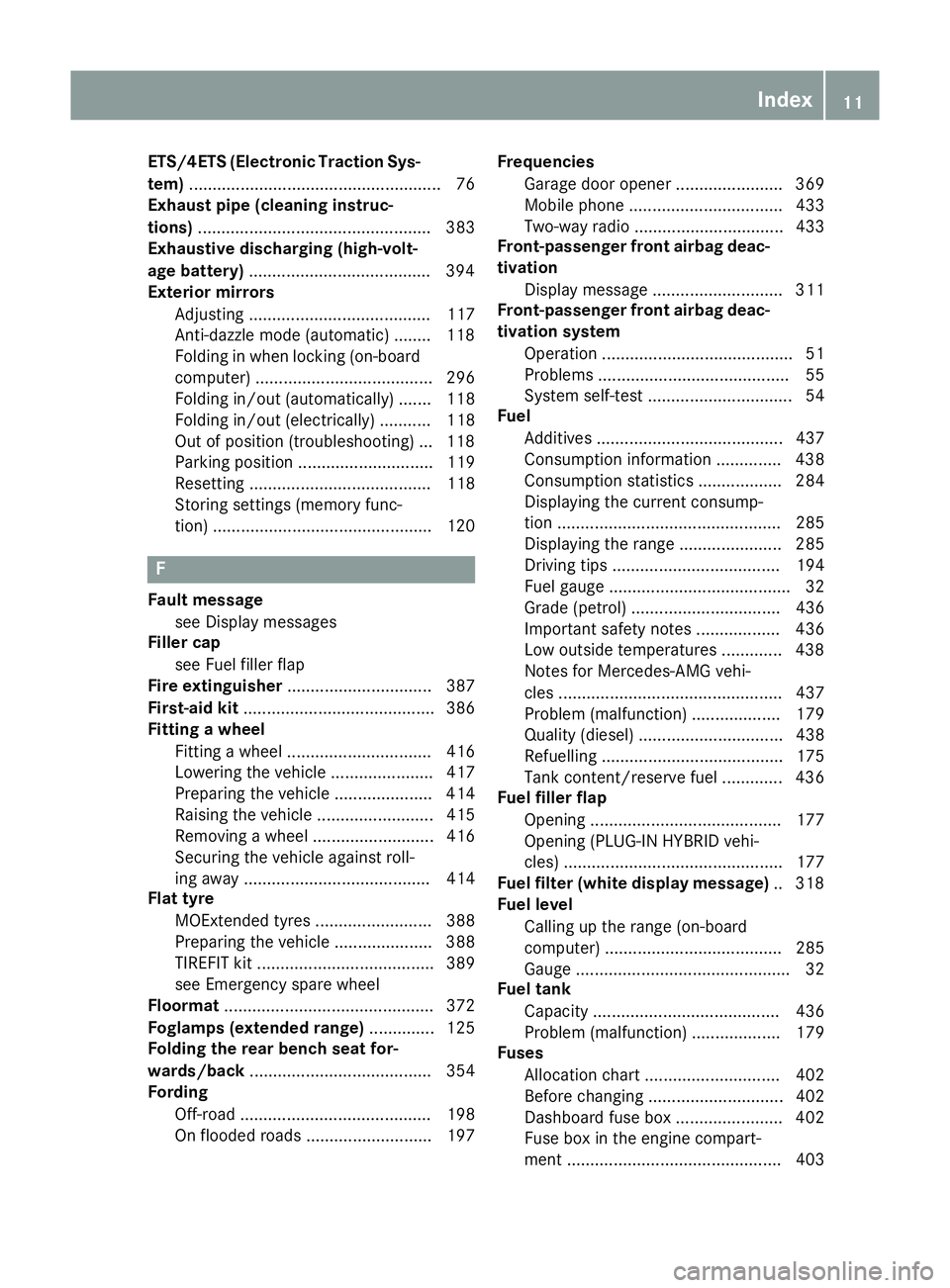 MERCEDES-BENZ GLE SUV 2015  Owners Manual ETS/4ETS (Electronic Traction Sys-
tem) ...................................................... 76
Exhaust pipe (cleaning instruc-
tions) .................................................. 383
Exhausti