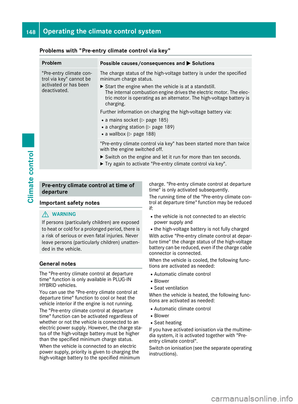 MERCEDES-BENZ GLE SUV 2015 Owners Manual Problems with "Pre-entry climate control via key"
Problem
Possible causes/consequences and
M
MSolutions "Pre-entry climate con-
trol via key" cannot be
activated or has been
deactivate MERCEDES-BENZ GLE SUV 2015 Owners Manual Problems with "Pre-entry climate control via key"
Problem
Possible causes/consequences and
M
MSolutions "Pre-entry climate con-
trol via key" cannot be
activated or has been
deactivate