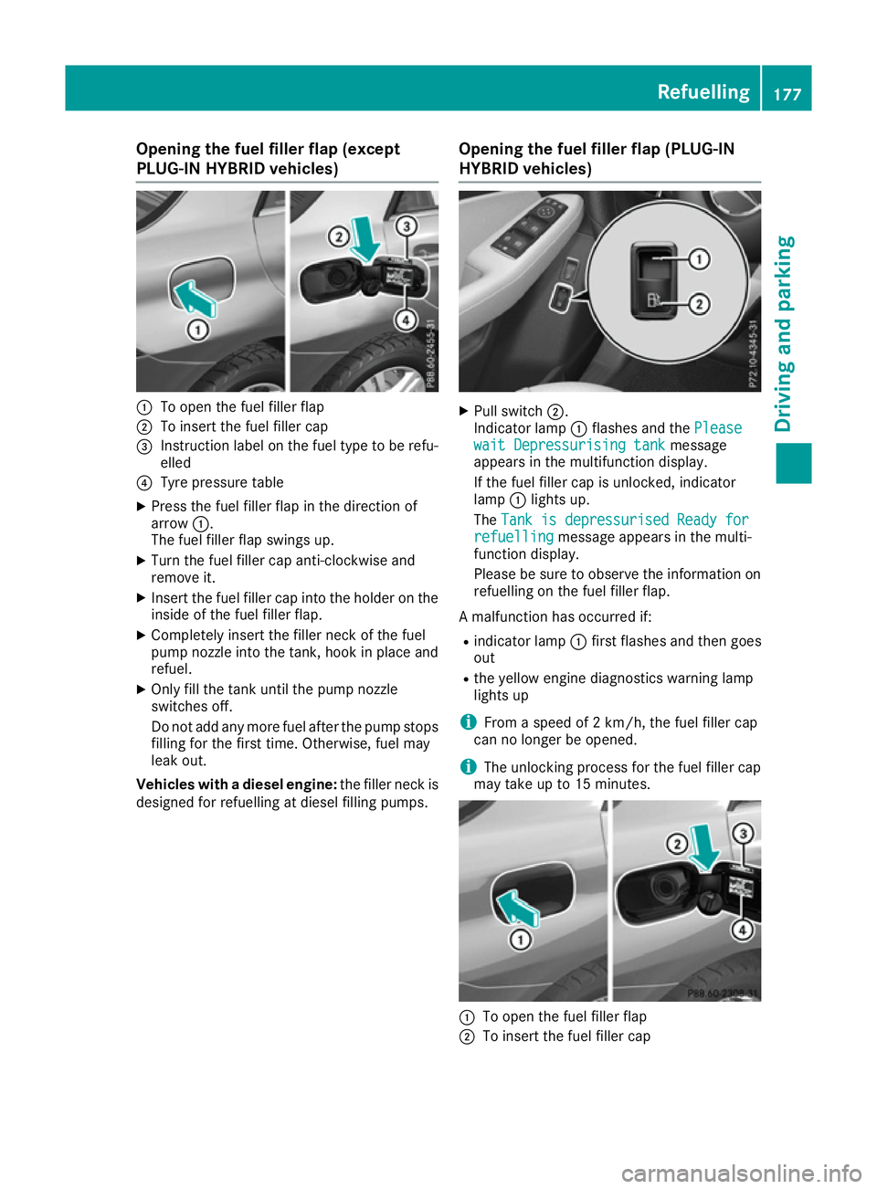 MERCEDES-BENZ GLE SUV 2015  Owners Manual Opening the fuel filler flap (except
PLUG-IN HYBRID vehicles)
:
To open the fuel filler flap
; To insert the fuel filler cap
= Instruction label on the fuel type to be refu-
elled
? Tyre pressure tabl