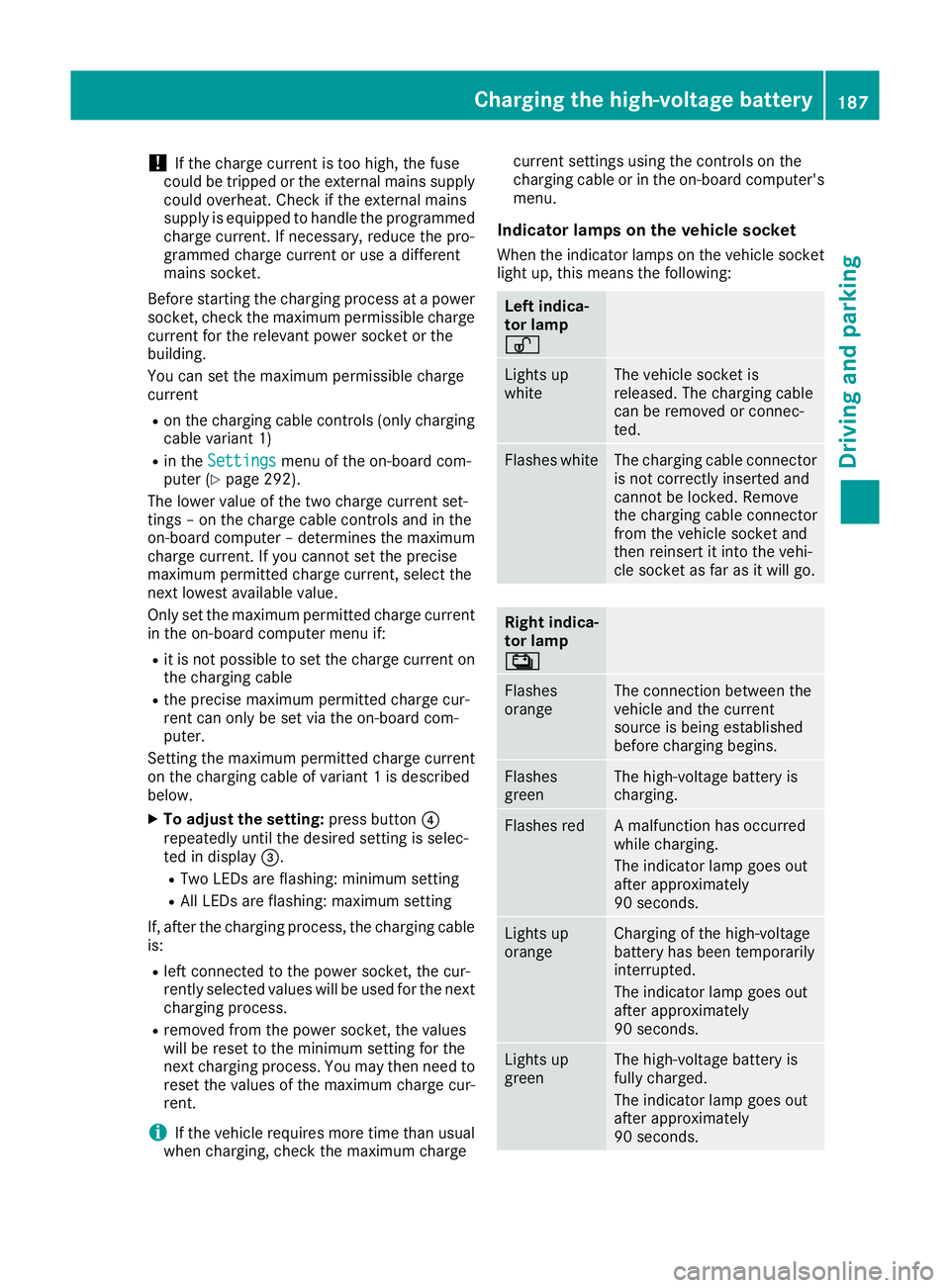 MERCEDES-BENZ GLE SUV 2015 Owners Manual !
If the charge current is too high, the fuse
could be tripped or the external mains supply could overheat. Check if the external mains
supply is equipped to handle the programmed charge current. If n MERCEDES-BENZ GLE SUV 2015 Owners Manual !
If the charge current is too high, the fuse
could be tripped or the external mains supply could overheat. Check if the external mains
supply is equipped to handle the programmed charge current. If n