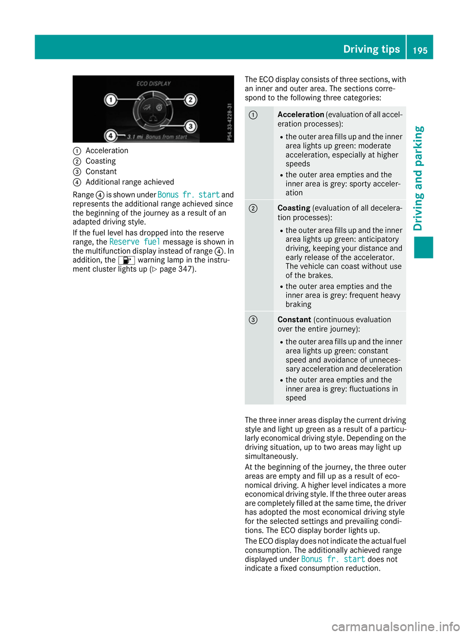 MERCEDES-BENZ GLE SUV 2015 Owners Manual :
Acceleration
; Coasting
= Constant
? Additional range achieved
Range ?is shown under Bonus
Bonusfr.
fr.start
start and
represents the additional range achieved since
the beginning of the journey as MERCEDES-BENZ GLE SUV 2015 Owners Manual :
Acceleration
; Coasting
= Constant
? Additional range achieved
Range ?is shown under Bonus
Bonusfr.
fr.start
start and
represents the additional range achieved since
the beginning of the journey as