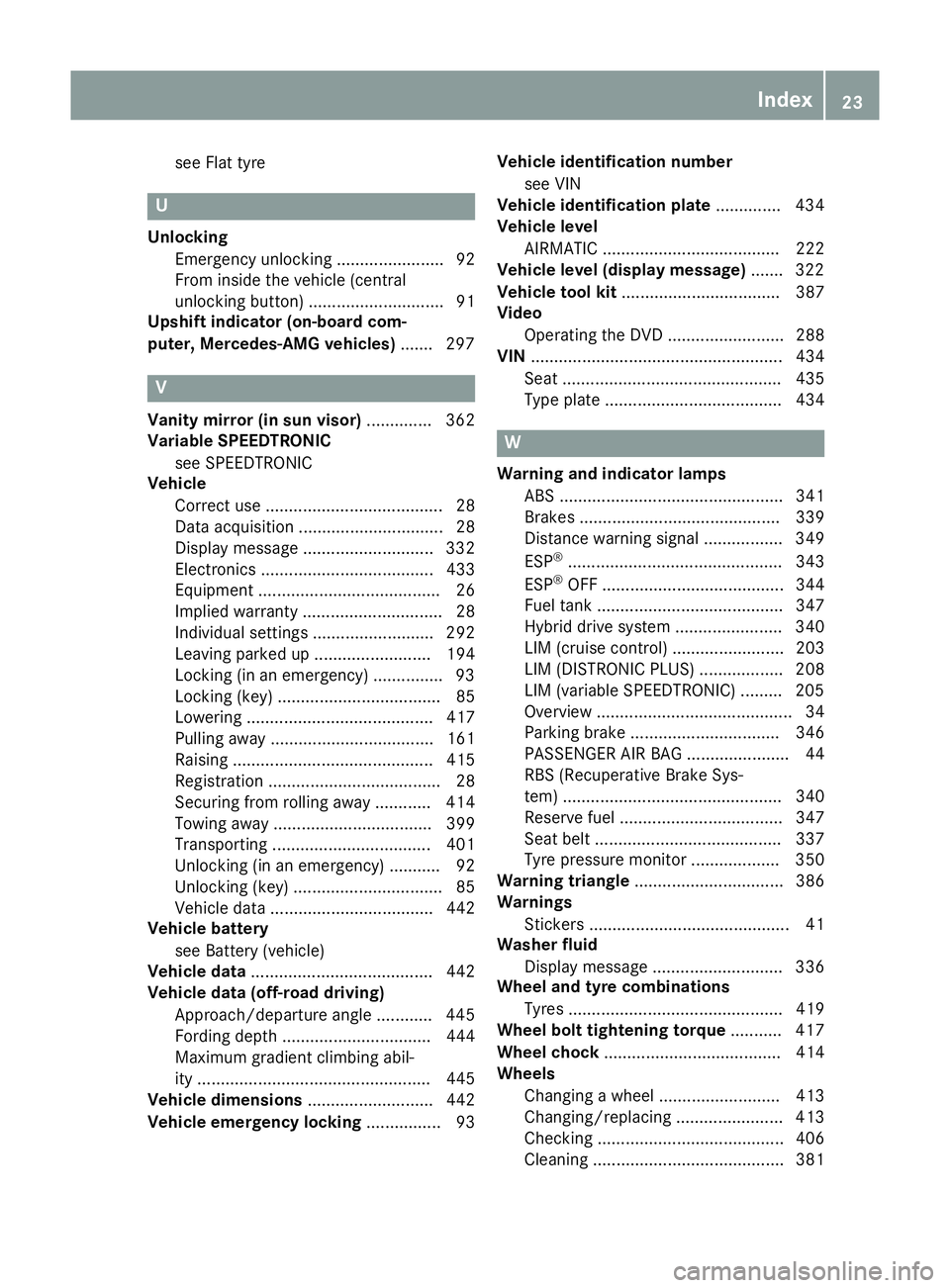 MERCEDES-BENZ GLE SUV 2015  Owners Manual see Flat tyre
U
Unlocking Emergency unlocking ....................... 92
From inside the vehicle (central
unlocking button) ............................. 91
Upshift indicator (on-board com-
puter, Mer