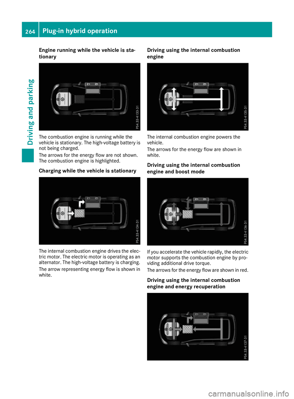 MERCEDES-BENZ GLE SUV 2015  Owners Manual Engine running while the vehicle is sta-
tionary The combustion engine is running while the
vehicle is stationary. The high-voltage battery is
not being charged.
The arrows for the energy flow are not